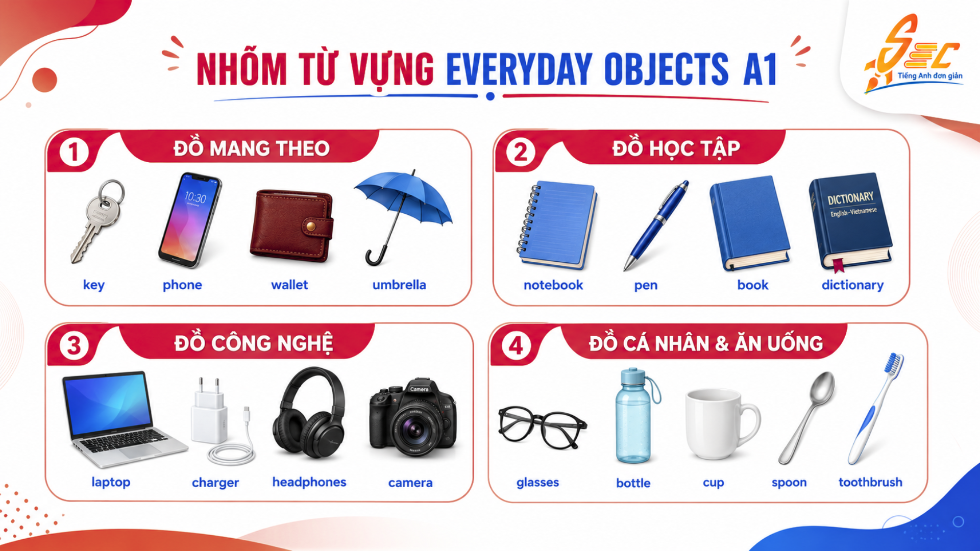 Từ vựng Everyday objects A1: 35 từ đồ vật hằng ngày dễ dùng cho người mất gốc Các nhóm từ vựng quan trọng trong chủ đề Everyday objects
