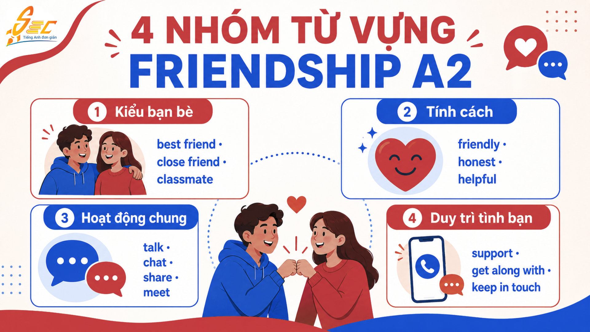 Từ vựng Friendship A2: 40 từ và cụm từ giúp nói về tình bạn tự nhiên 18 12