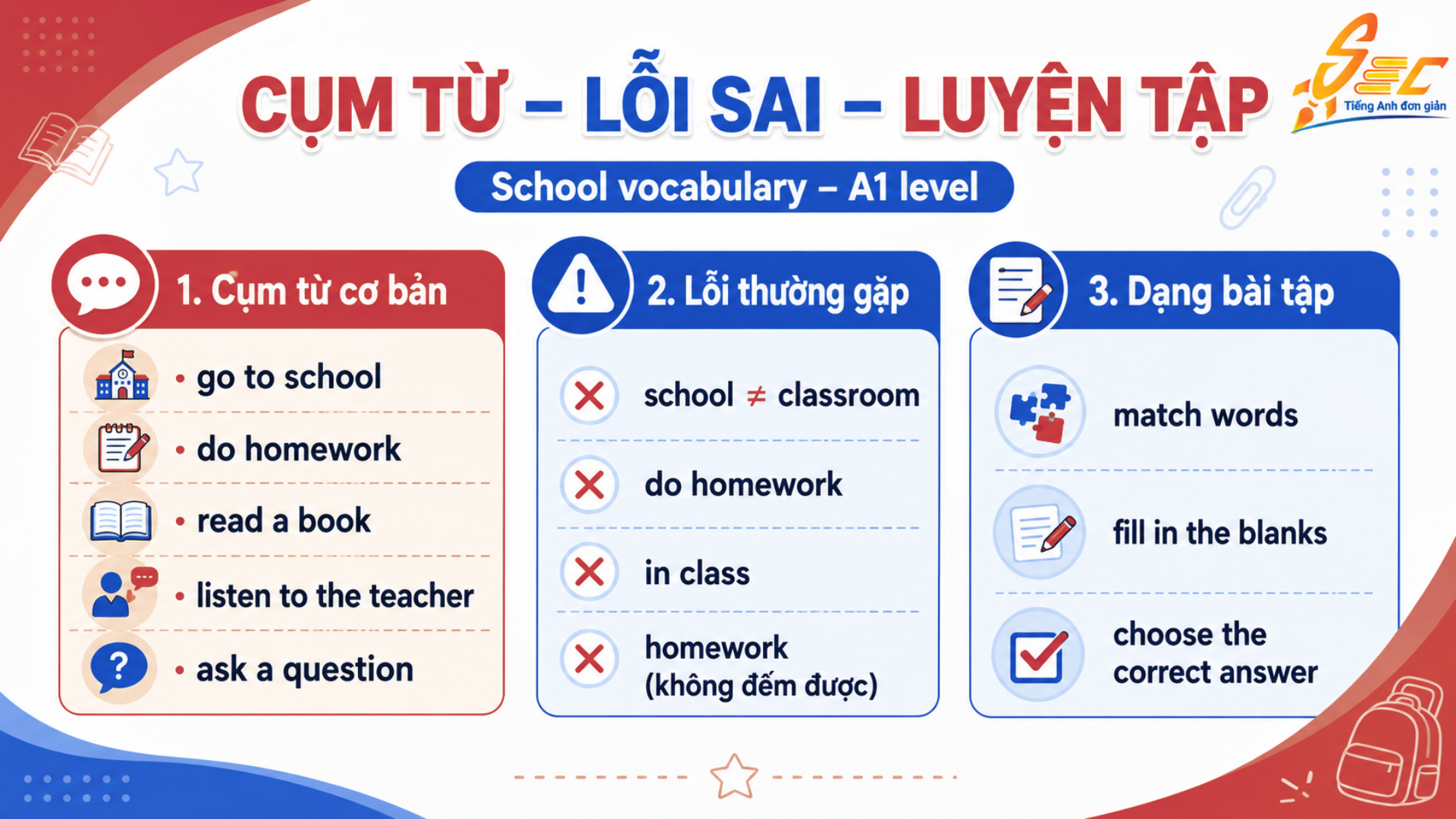Từ vựng School A1: học từ vựng trường học cơ bản, dễ nhớ, dễ dùng 30 4