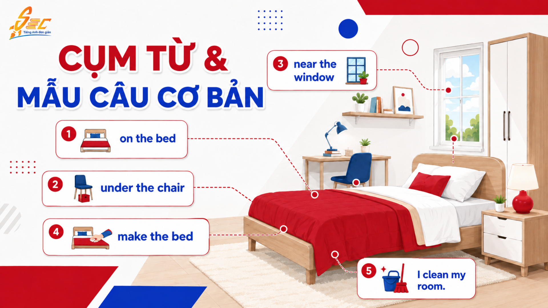 Từ vựng Bedroom A1: Học 35 từ tiếng Anh về phòng ngủ dễ nhớ, dễ dùng Collocations và cụm từ tự nhiên chủ đề Bedroom