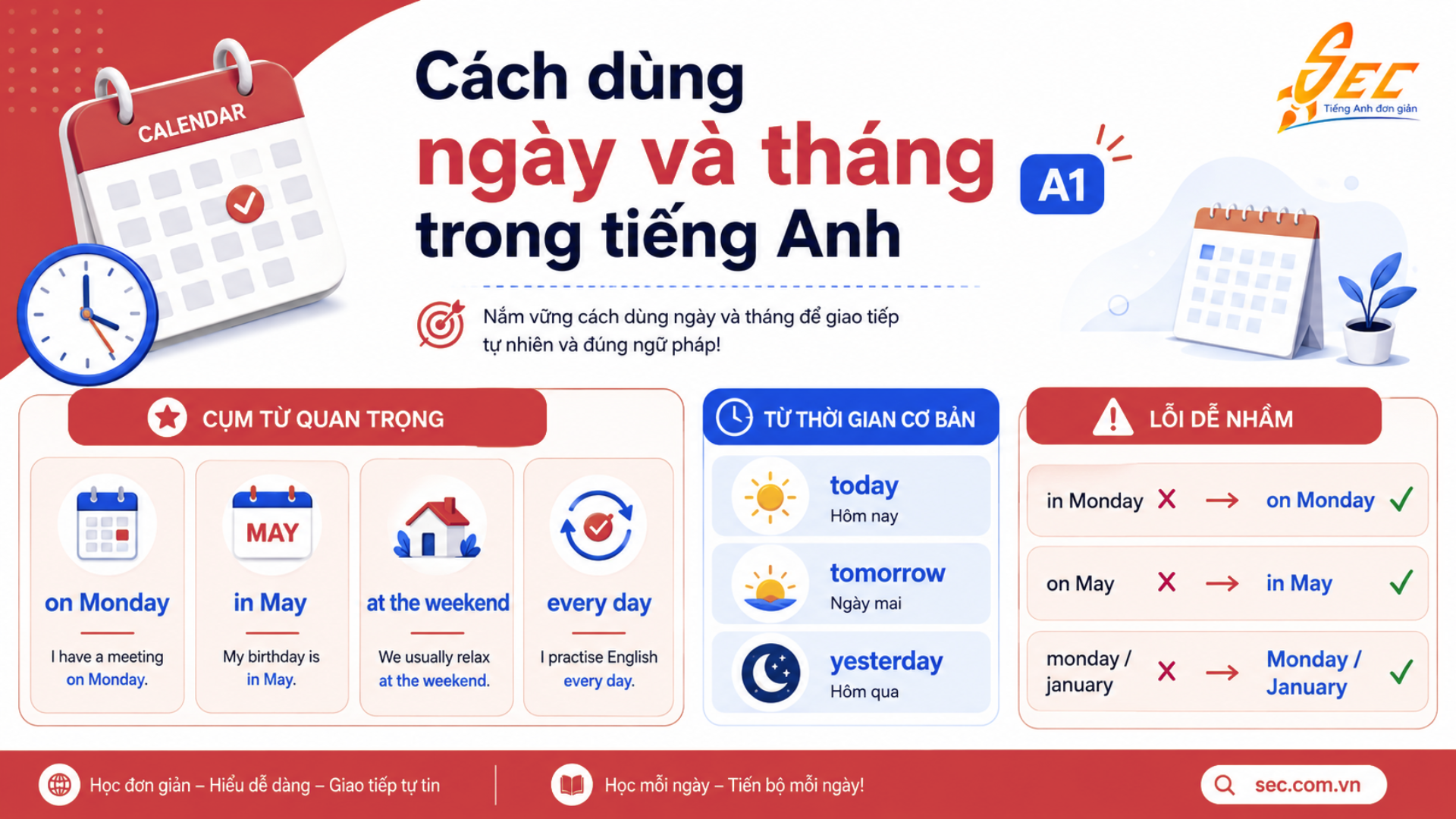 Từ vựng Days and months A1: Học ngày, tháng và cách nói lịch hẹn cơ bản Collocations và cụm từ tự nhiên chủ đề Days and months