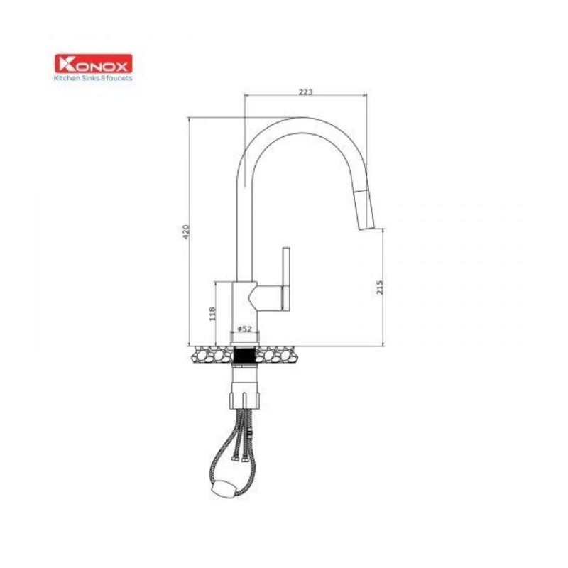 thông số kỹ thuật của Vòi rửa bát dây rút Konox Alto Chrome thông số kỹ thuật của Vòi rửa bát dây rút Konox Alto Chrome