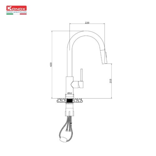 Vòi rửa bát dây rút Konox Reno 5 kich thuoc voi rua bat nong lanh konox reno co day rut
