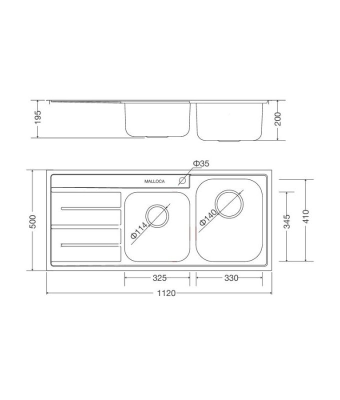 Chậu rửa bát inox 2 hố Malloca MS 1027L NEW 3 Kích thước chậu rửa bát bán thủ công Malloca MS 1027L NEW