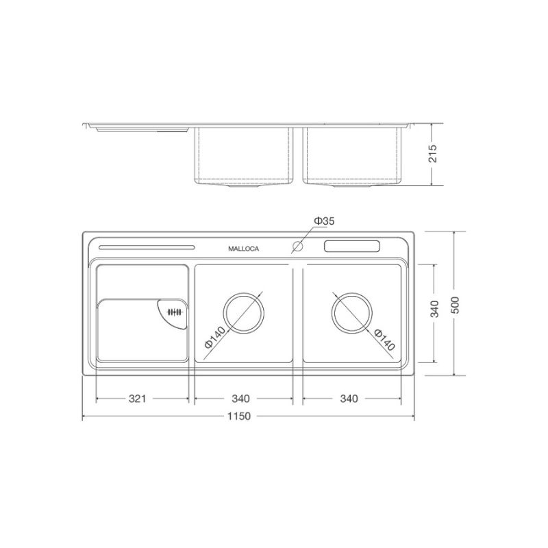 Kích thước chậu rửa bát bán thủ công Malloca MS 8816 Kích thước chậu rửa bát bán thủ công Malloca MS 8816