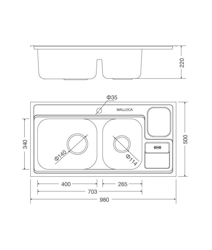 Kích thước của Chậu rửa bát Malloca MS 8809 N