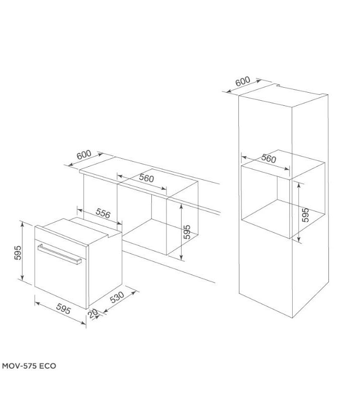 Lò nướng âm tủ 57L Malloca MOV-575 ECO 3 kích thước của Lò nướng âm tủ Malloca MOV-575 ECO