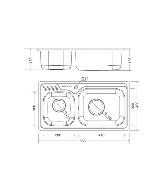 Kích thước chậu rửa bát bán thủ công Malloca MS - 1003 NEW