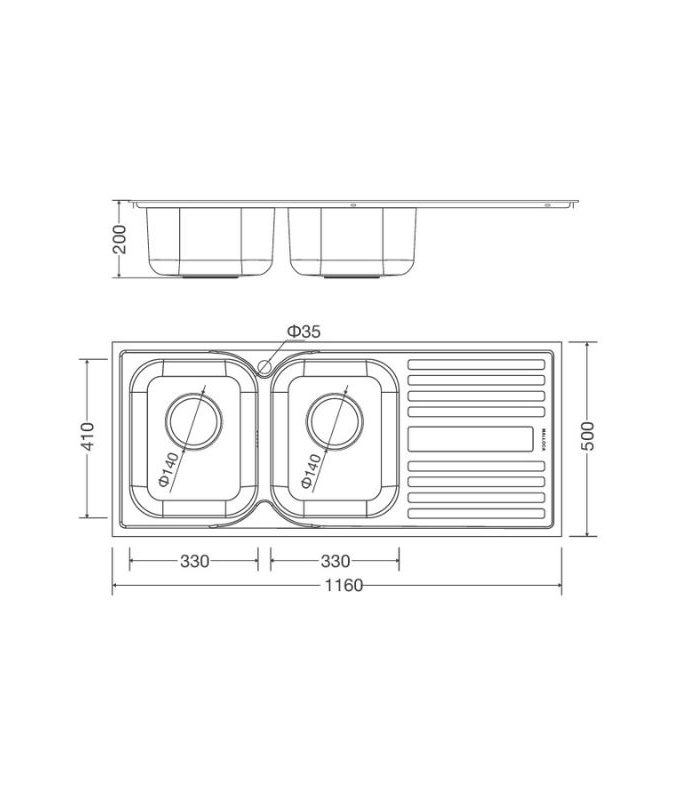 Kích thước chậu rửa bát bán thủ công Malloca MS - 1025R NEW