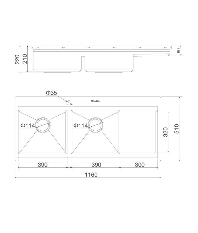 Kích thước của Chậu rửa bát Malloca Slide MS 1162R
