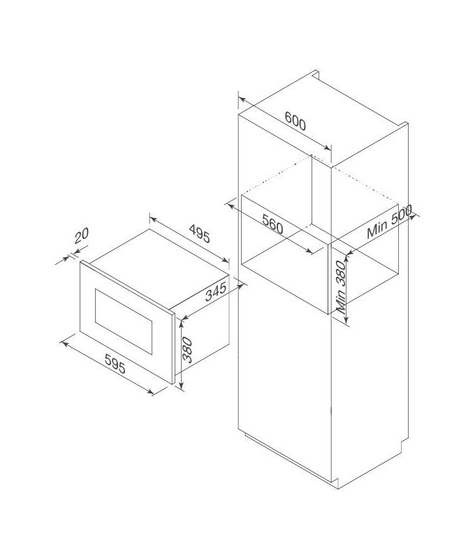 Kích thước lò vi sóng âm tủ Malloca MW-925BF