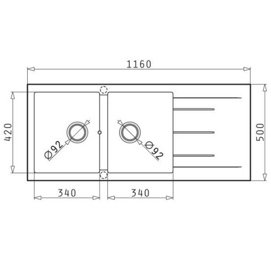Kích thước chậu đá BOSCH PYRAGRANITE ALAZIA (116X50) 2B 1D chau rua bat bosch pyragranite alazia 2b 1d 1