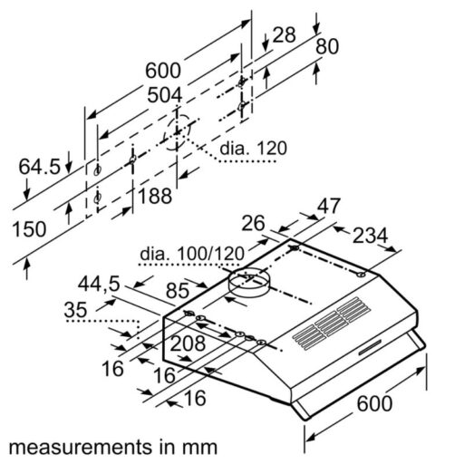 Máy hút mùi âm tủ Bosch DUL62FA51 Series 2 6 Kich thuoc may hut mui am tu Bosch DUL62FA51 Series 2