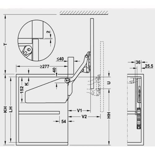 Bộ tay nâng FREE UP Hafele 493.05.803 nắp xám 6 Kích thước bộ tay nâng FREE UP Hafele 493.05.803 nắp xám