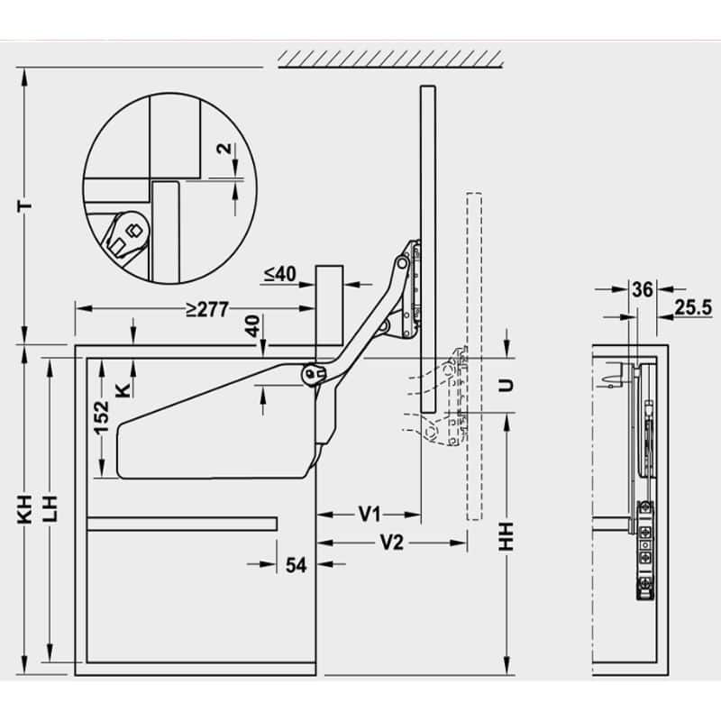 Kích thước bộ tay nâng FREE UP Hafele 493.05.803 nắp xám Kích thước bộ tay nâng FREE UP Hafele 493.05.803 nắp xám