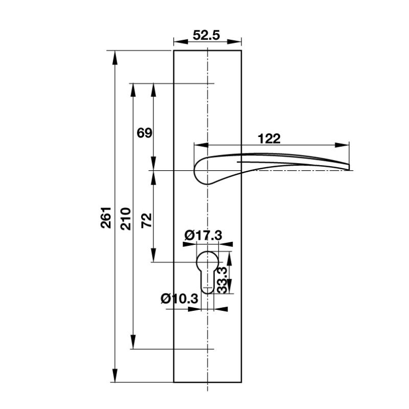 Kích thước tay nắm gạt mở trái C/C 72mm Hafele 903.99.322 Kích thước tay nắm gạt mở trái C/C 72mm Hafele 903.99.322