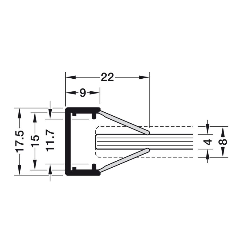 Kích thước thanh nhựa nẹp cạnh thủy tinh Hafele 833.74.733 Kích thước thanh nhựa nẹp cạnh thủy tinh Hafele 833.74.733