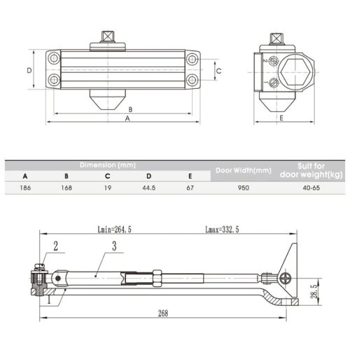 Thiết bị đóng cửa tự động 60Kg EN3 Hafele 489.30.011 4 Kích thước thiết bị đóng cửa tự động 60Kg EN3 Hafele 489.30.011