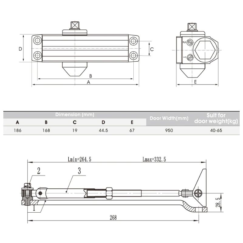 Kích thước thiết bị đóng cửa tự động 60Kg EN3 Hafele 489.30.011 Kích thước thiết bị đóng cửa tự động 60Kg EN3 Hafele 489.30.011