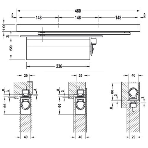 Kích thước thiết bị đóng cửa tự động lắp âm 130Kg Hafele 931.84.006