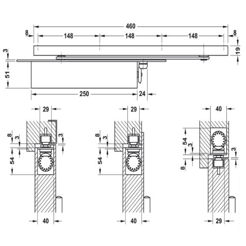 Thiết bị đóng cửa tự động lắp âm 150Kg Hafele 931.84.399 3 Kích thước thiết bị đóng cửa tự động lắp âm 150Kg Hafele 931.84.399
