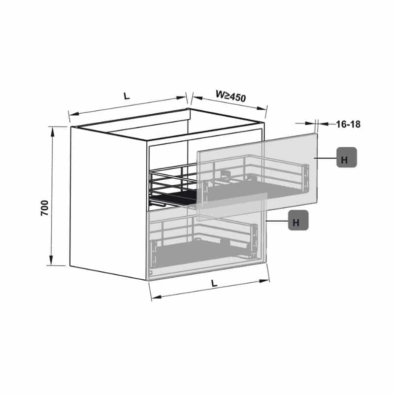 Kích thước bộ rổ kéo gắn với cánh Hafele 549.03.142 cho tủ rộng 450mm Kích thước bộ rổ kéo gắn với cánh Hafele 549.03.142 cho tủ rộng 450mm