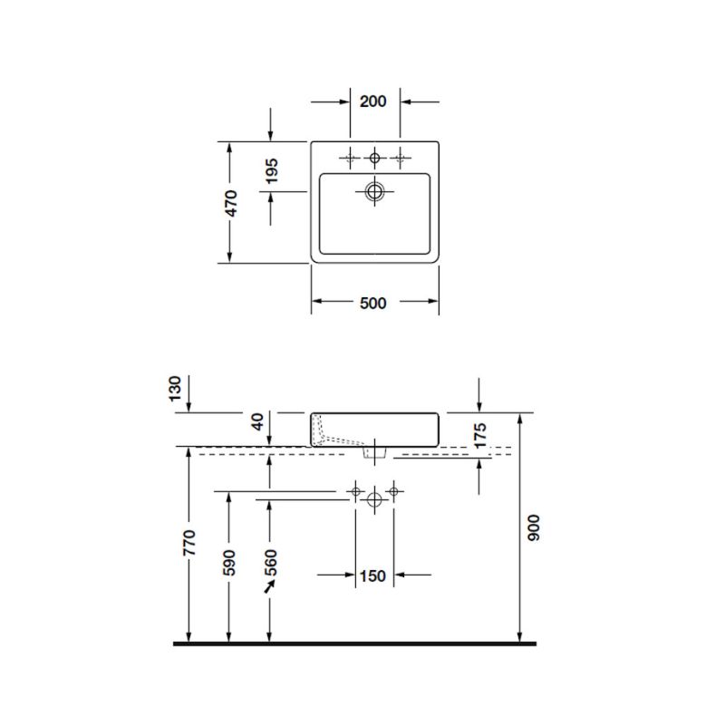Kích thước chậu lavabo đặt bàn Hafele Duravit Vero 500 588.45.024 Kích thước chậu lavabo đặt bàn Hafele Duravit Vero 500 588.45.024