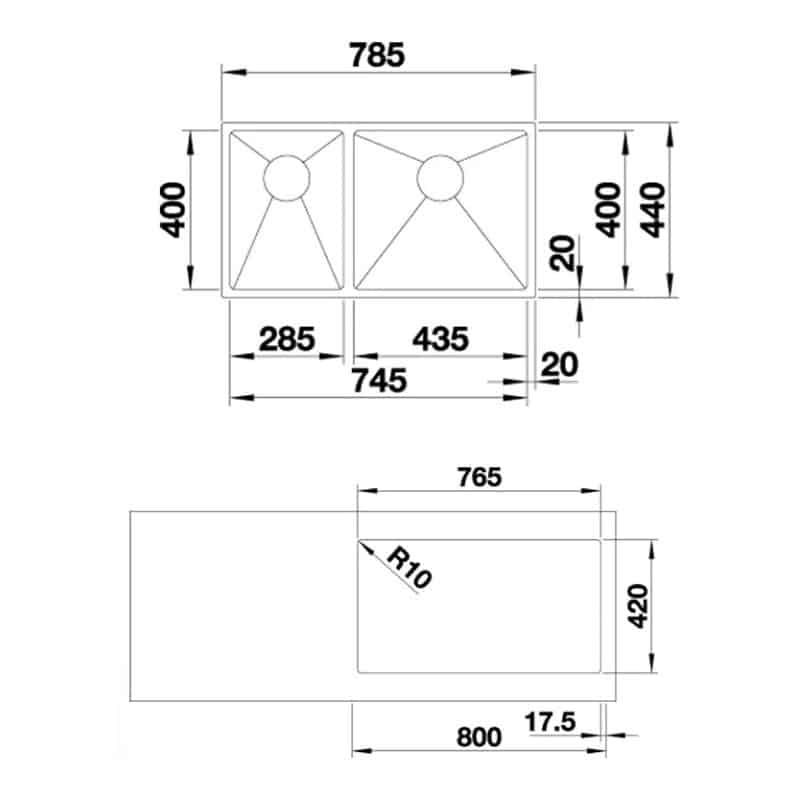 Kích thước Chậu rửa bát Hafele Quatrus R15 435/285-IU 570.27.179 Chậu rửa bát Hafele Quatrus R15 435/285-IU 570.27.179