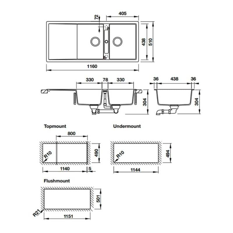 Kích thước Chậu rửa bát Hafele HS20-GKD2S80 570.33.430 Chậu rửa bát Hafele HS20-GKD2S80 570.33.430
