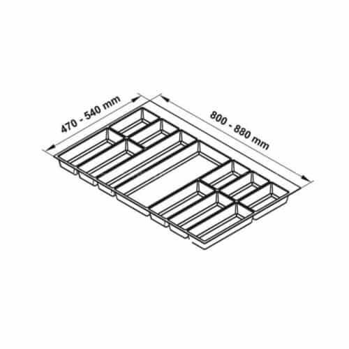 Khay chia đa năng đựng dao kéo thìa nĩa Hafele 556.52.249 3 Kích thước khay chia đa năng đựng dao kéo thìa nĩa Hafele 556.52.249