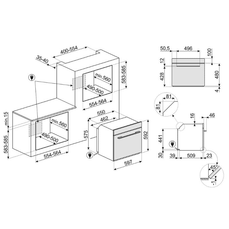 Kích thước lò nướng âm Hafele Smeg SO6102TS 536.64.982 Kích thước lò nướng âm Hafele Smeg SO6102TS 536.64.982