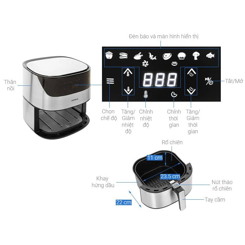 Kích thước nồi chiên không dầu 5L Hafele AF-T5A 535.43.712 Kích thước nồi chiên không dầu 5L Hafele AF-T5A 535.43.712