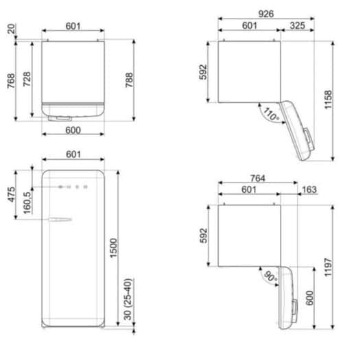 Tủ lạnh đơn Hafele Smeg FAB28RPB5 535.14.618 8 Kích thước Tủ lạnh đơn Hafele Smeg FAB28RPB5 535.14.618