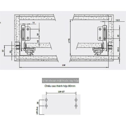 Lắp đặt ray hộp Hafele 552.55.716 Alto-S H80 mm màu trắng mờ
