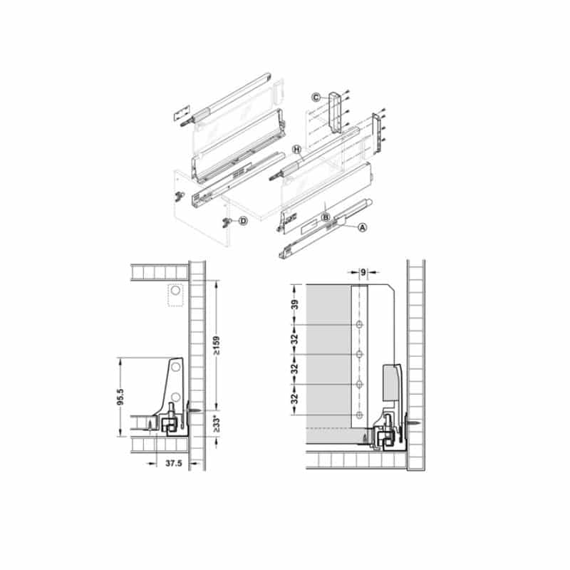 Kích thước Ray hộp Hafele 550.85.365 Kích thước Ray hộp Hafele 550.85.365