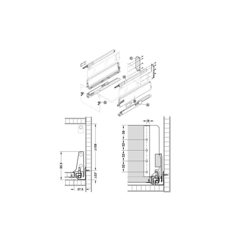 Kích thước Ray hộp Hafele 550.85.765 Kích thước Ray hộp Hafele 550.85.765