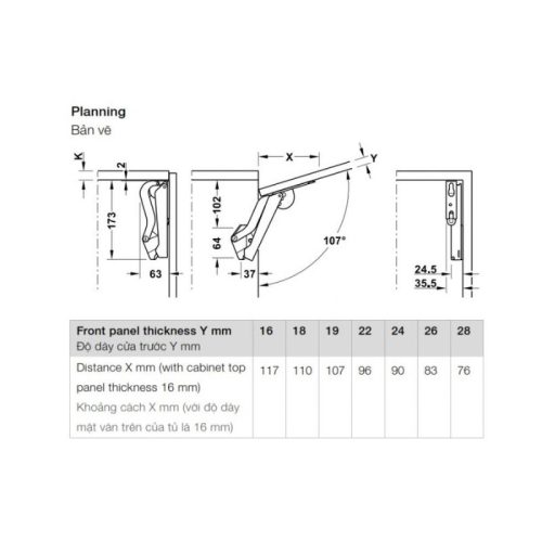Tay nâng Hafele Free Space 1.11 F 493.05.914 4 Bản vẽ của tay nâng Hafele Free Space 1.11 F 493.05.914