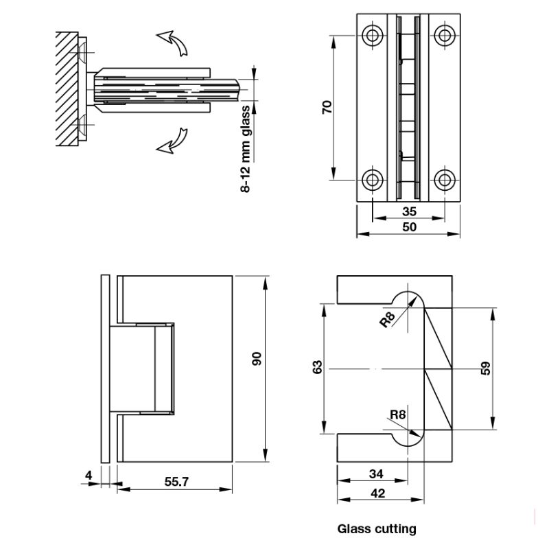 Kích thước bản lề phòng tắm kính 90º Hafele 981.77.900 Kích thước bản lề phòng tắm kính 90º Hafele 981.77.900