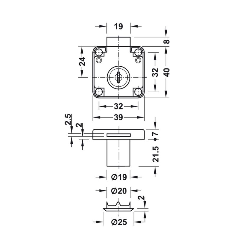 Kích thước khóa vuông Econo cửa dày 22mm Hafele 232.01.220 Kích thước khóa vuông Econo cửa dày 22mm Hafele 232.01.220