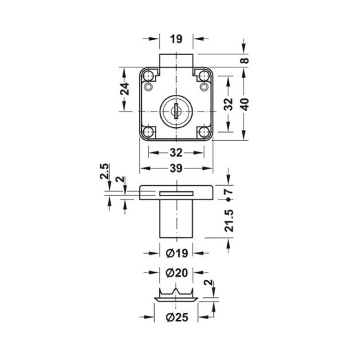 Khóa vuông Econo cửa dày 30mm Hafele 232.01.230 4 Kích thước khóa vuông Econo cửa dày 30mm Hafele 232.01.230