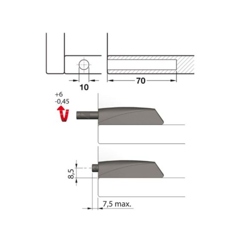 Kích thước nêm nhấn dài đầu cao su Hafele 356.12.717 Kích thước nêm nhấn dài đầu cao su Hafele 356.12.717