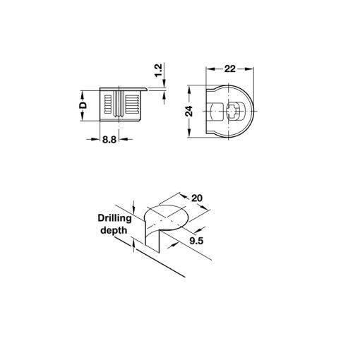 Thân ốc liên kết cho gỗ dày từ 19mm Hafele 263.14.405 3 Kích thước Thân ốc liên kết cho gỗ dày từ 19mm Hafele 263.14.405