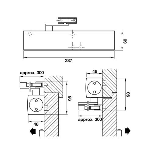 Kích thước thiết bị đóng cửa tự động 200Kg Hafele 931.16.589