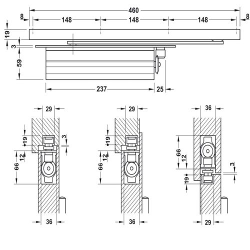 Kích thước thiết bị đóng cửa tự động lắp âm 80Kg Hafele 931.84.039