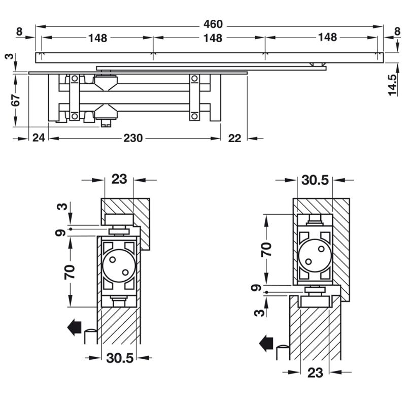 Kích thước thiết bị đóng cửa tự động lắp âm 80Kg Hafele 931.84.088 Kích thước thiết bị đóng cửa tự động lắp âm 80Kg Hafele 931.84.088