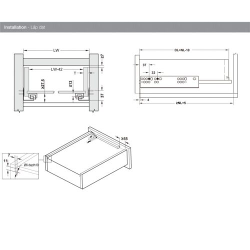 Ray âm EPC Evo 450mm giảm chấn Hafele 433.32.074 3 Thông số ray âm EPC Evo 450mm giảm chấn Hafele 433.32.074