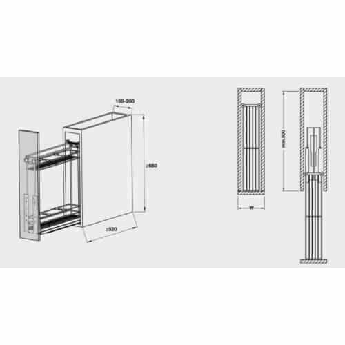 Bộ rổ kéo Hafele 549.34.022 cho tủ hẹp 150mm 3 Kích thước bộ rổ kéo Hafele 549.34.022 cho tủ hẹp 150mm