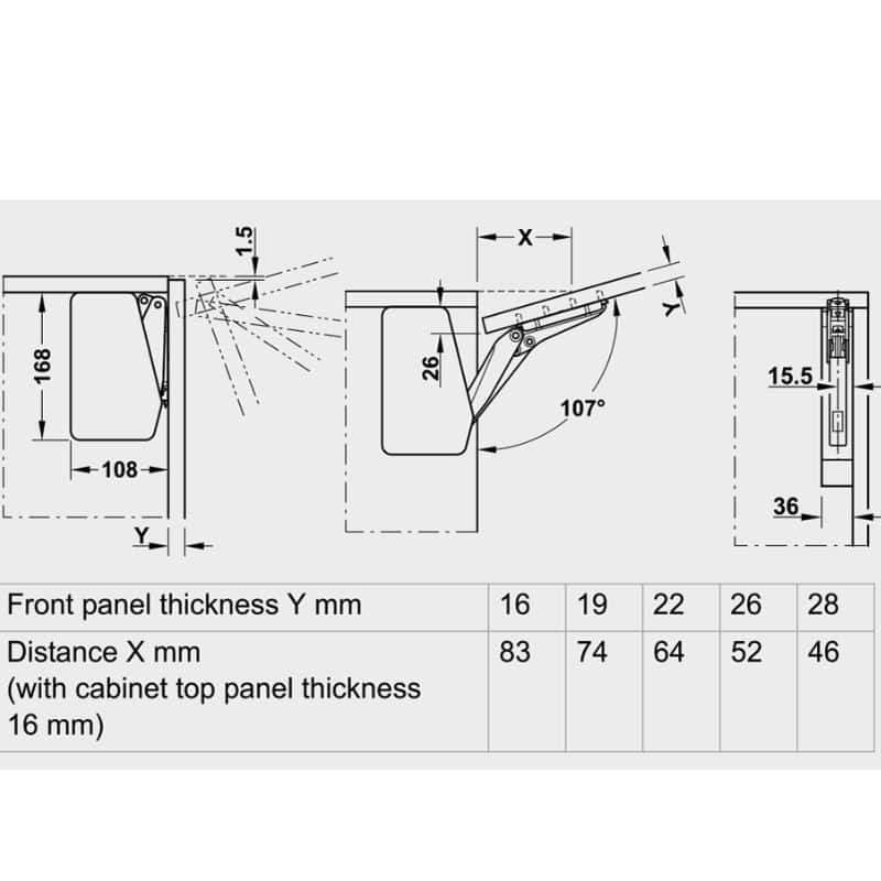 Kích thước bộ tay nâng FREE FLAP 1.7 Hafele 493.05.820 nắp trắng Kích thước bộ tay nâng FREE FLAP 1.7 Hafele 493.05.820 nắp trắng