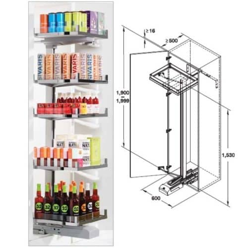 Phụ kiện tủ bếp Hafele 549.72.106 bộ CONVOY PREMIO 600/1900-2000mm, phải 4 Kích thước phụ kiện tủ bếp Hafele 549.72.106 bộ CONVOY PREMIO 600/1900-2000mm, phải