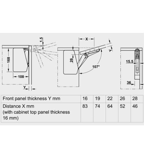 Bộ tay nâng FREE FLAP 1.7 Hafele 493.05.831 nắp xám 9 Kích thước bộ tay nâng FREE FLAP 1.7 Hafele 493.05.831 nắp xám